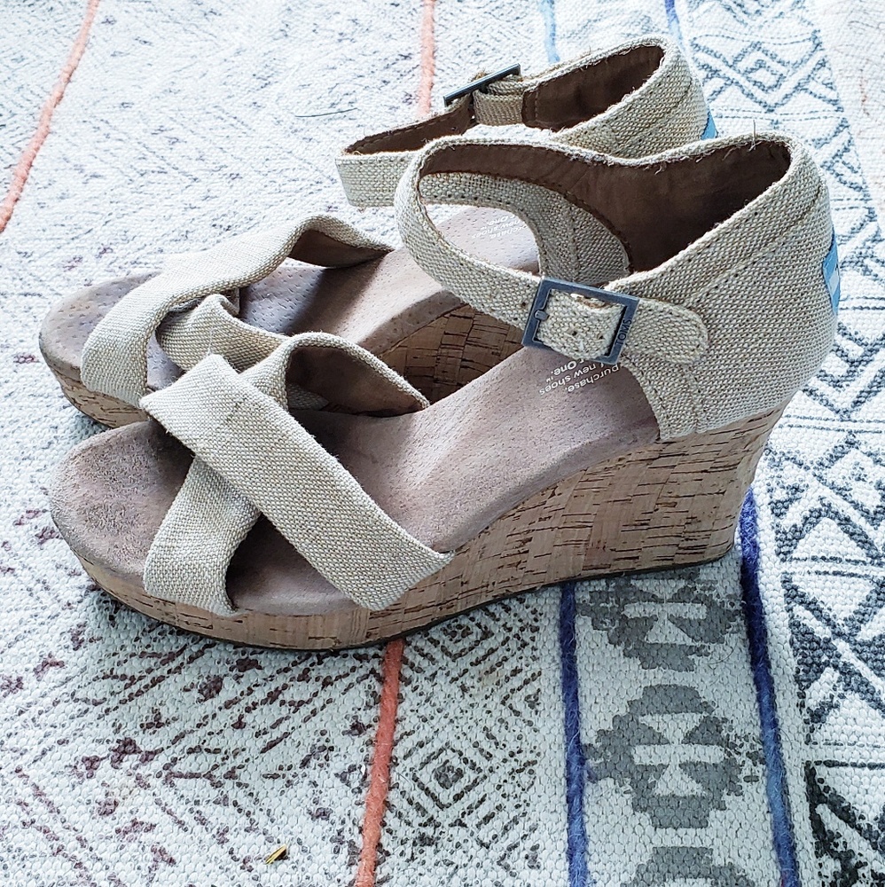 Toms Natural Beige Cork Wedge Sandals